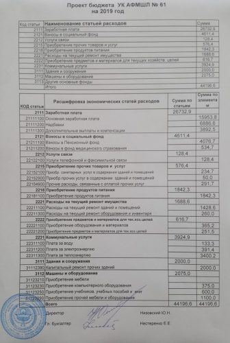Проект бюджета и сметы расходов по УК АФМШЛ №61